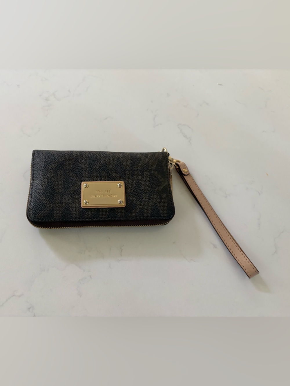 Michael Kors Brown and Beige Signature Zip Wristlet
